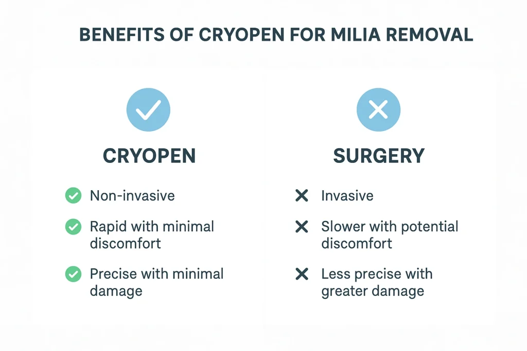 Benefits of cryopen for milia removal Richmond upon Thames compared to surgical treatments.